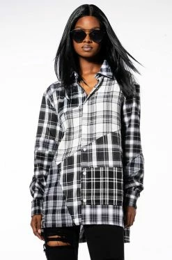 SERVING PLAID BUTTON DOWN BLOUSE