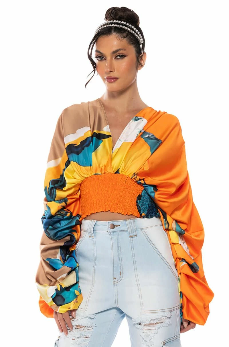 STELLA PRINT LONG SLEEVE SATIN BLOUSE