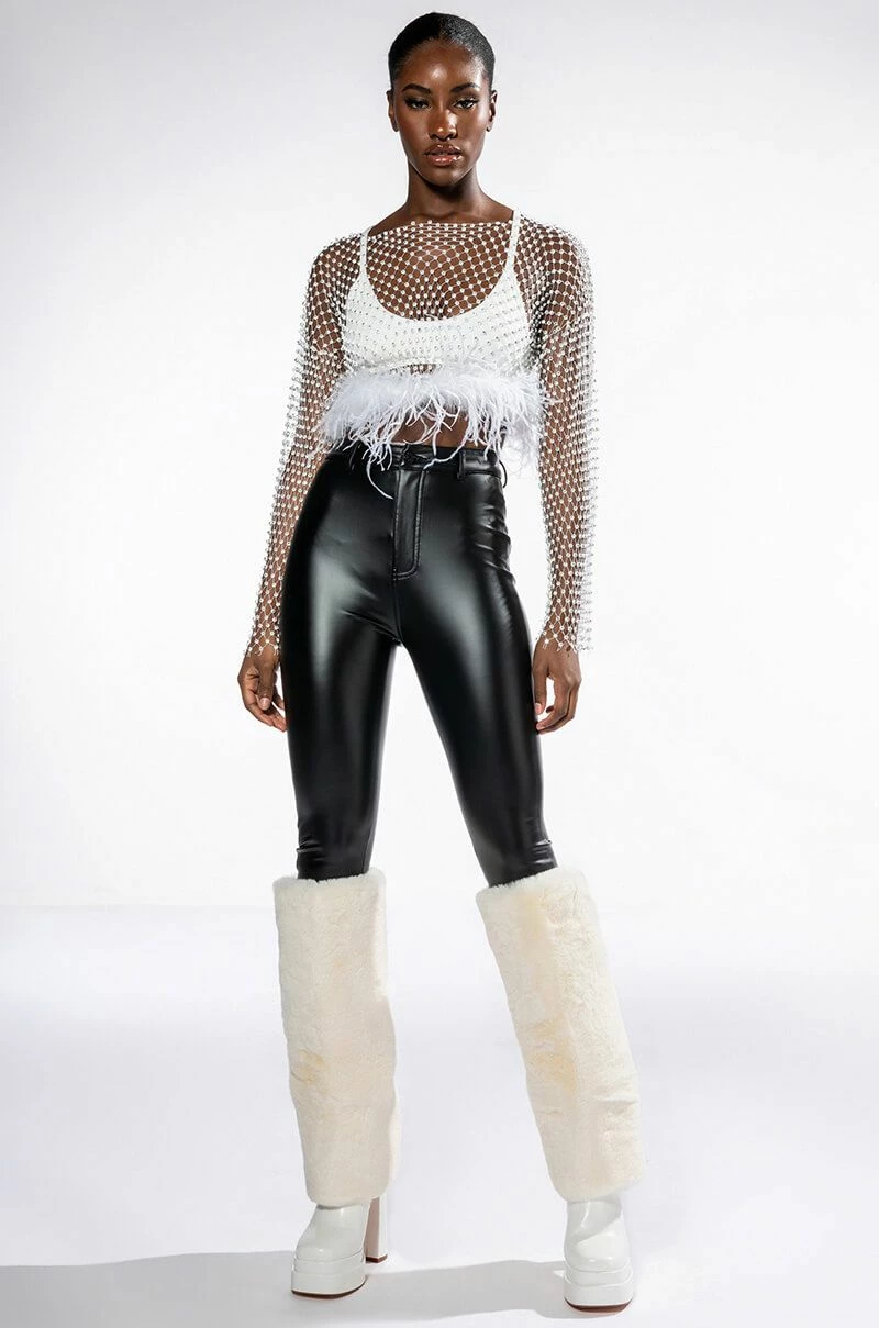 WANT MORE RHINESTONE MESH CROP TOP WITH FEATHER TRIM - Image 2