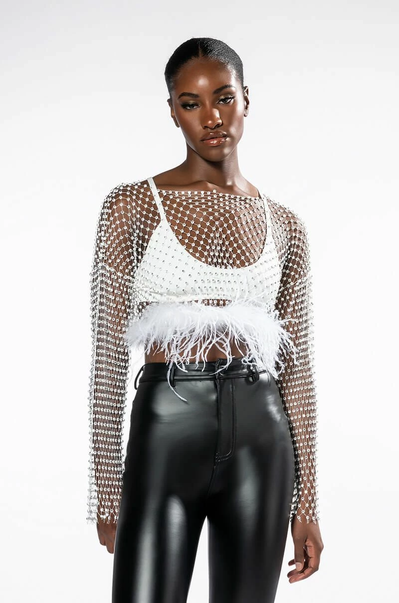 WANT MORE RHINESTONE MESH CROP TOP WITH FEATHER TRIM - Image 3