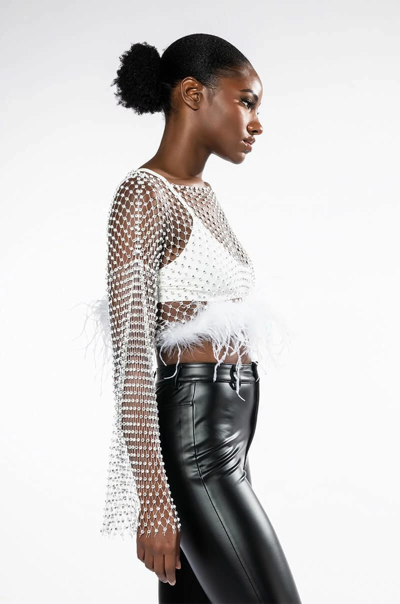 WANT MORE RHINESTONE MESH CROP TOP WITH FEATHER TRIM - Image 4