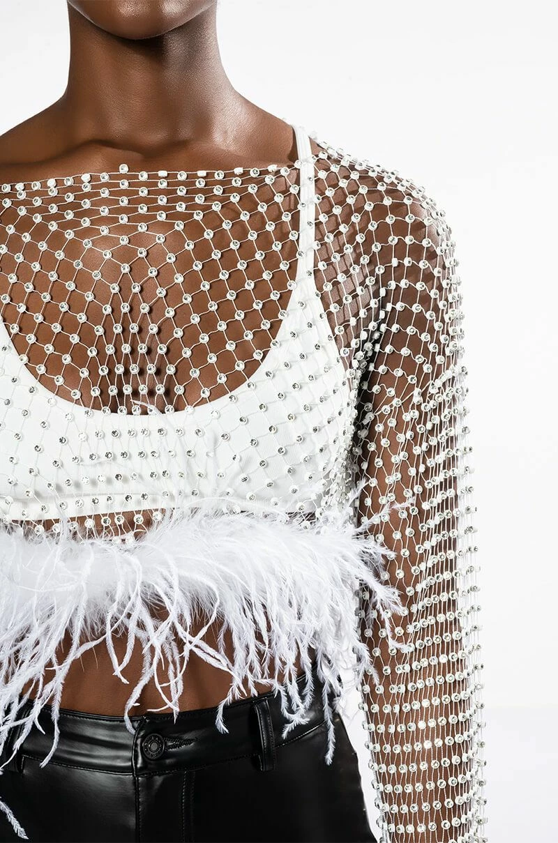 WANT MORE RHINESTONE MESH CROP TOP WITH FEATHER TRIM - Image 6